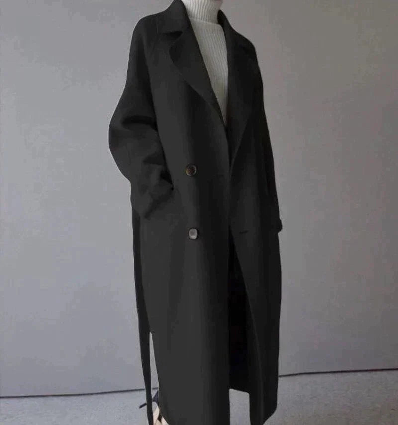 Women's double-breasted belted trench coat slim chic silhouette adjustable waist belt modern style