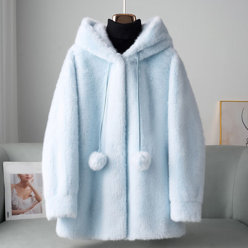 Women's beige fleece hooded coat relaxed fit thigh length open front with pom details