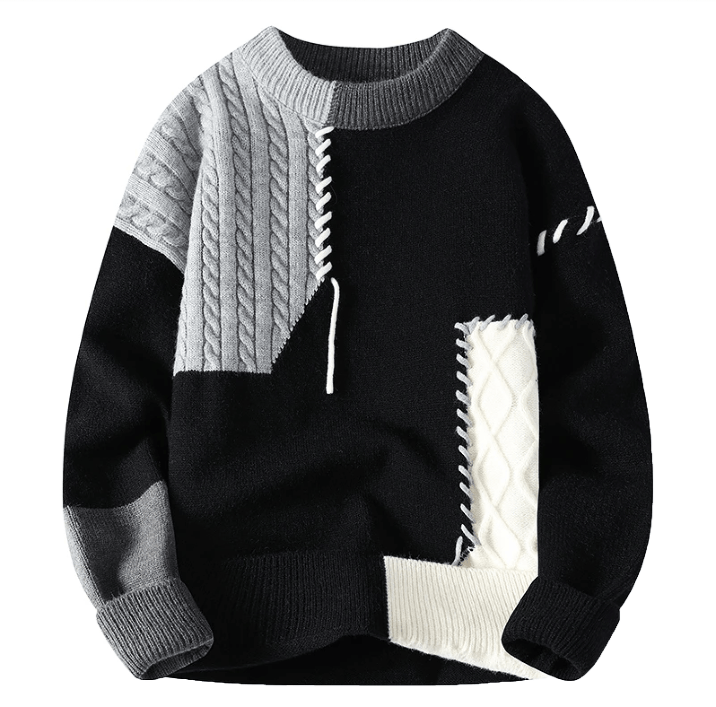 Men's multicolor patchwork knit sweater with relaxed loose fit and handcrafted stitched texture