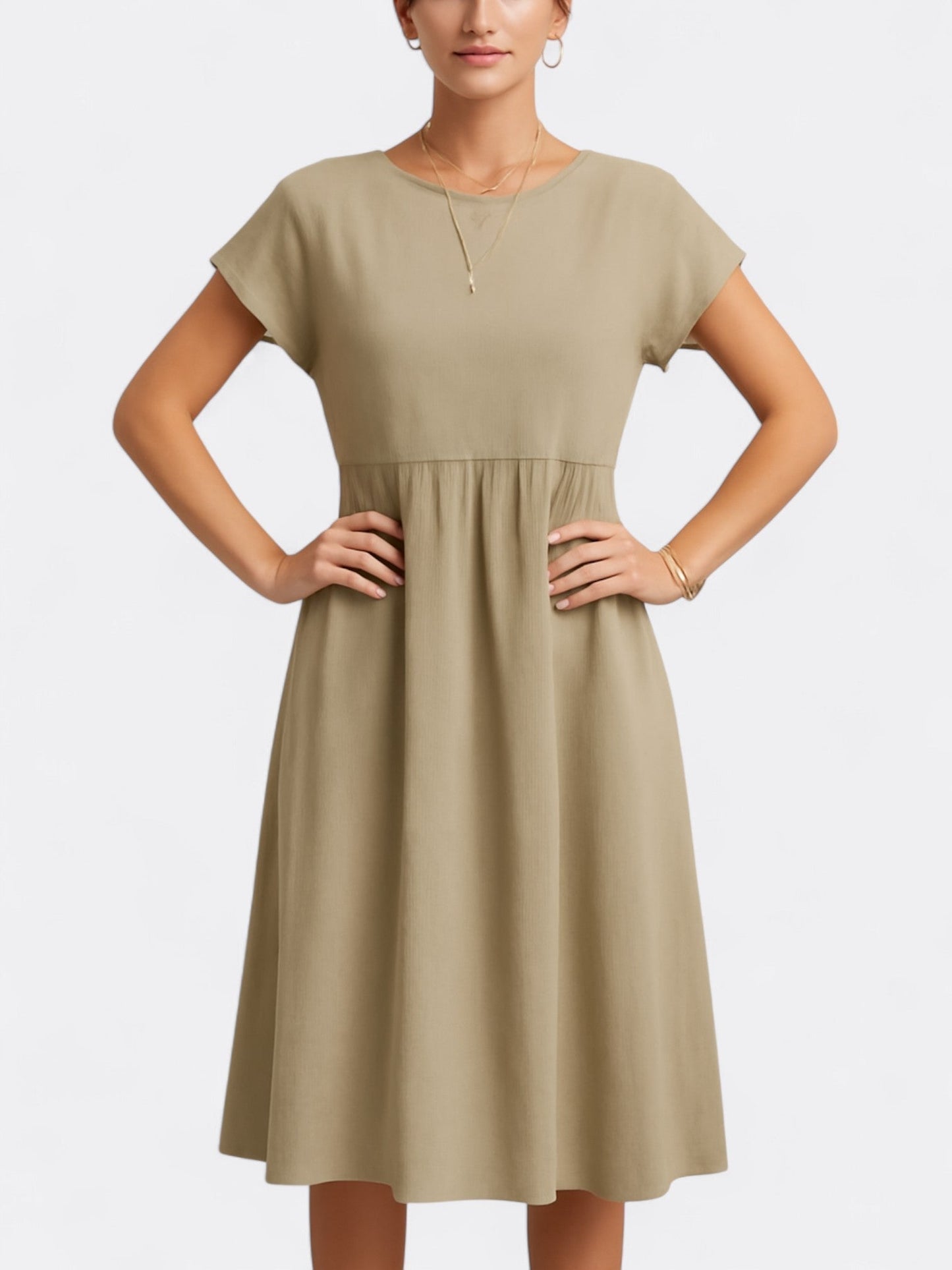 Women's midi dress A-line silhouette short sleeves round neck soft breathable fabric everyday wear
