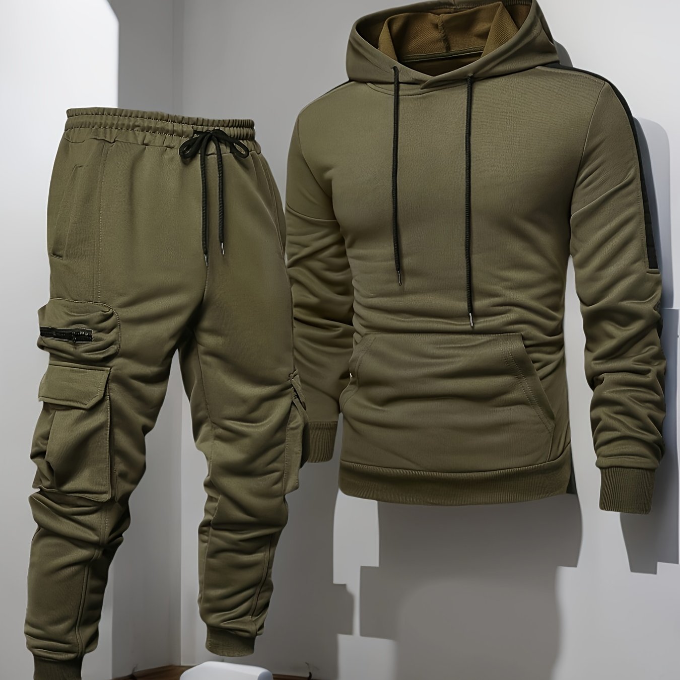Men's gray zip-up hoodie tracksuit set with matching jogging pants, athletic slim fit