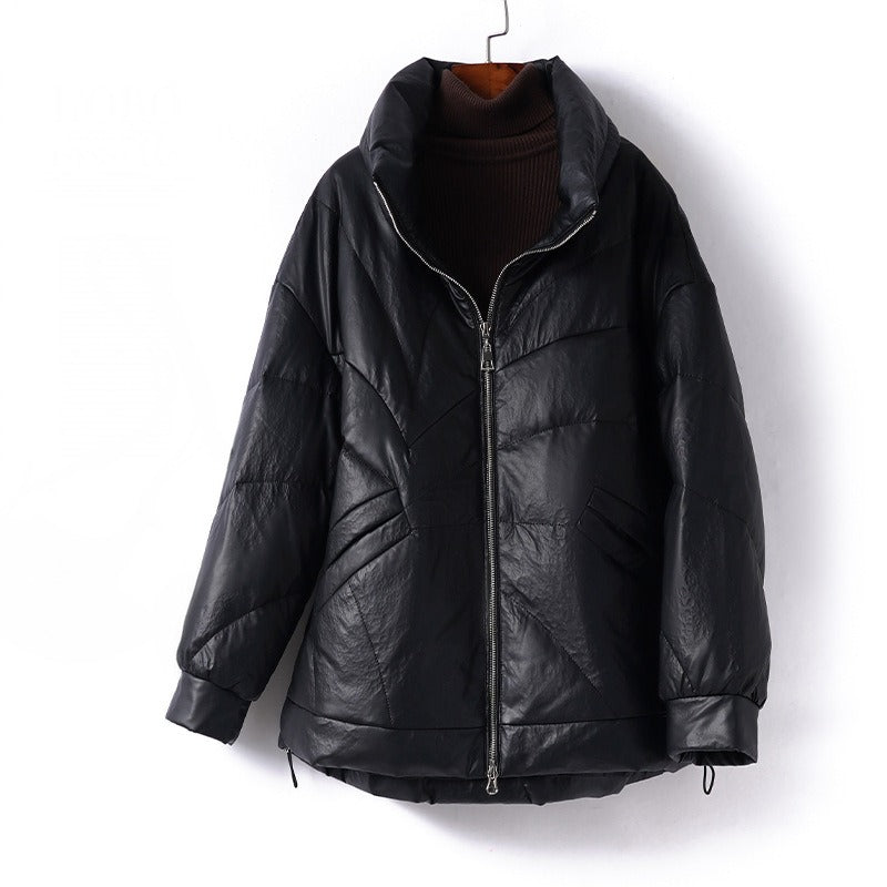 Women's oversized quilted leather down coat, relaxed hip-length silhouette with cozy insulated lining