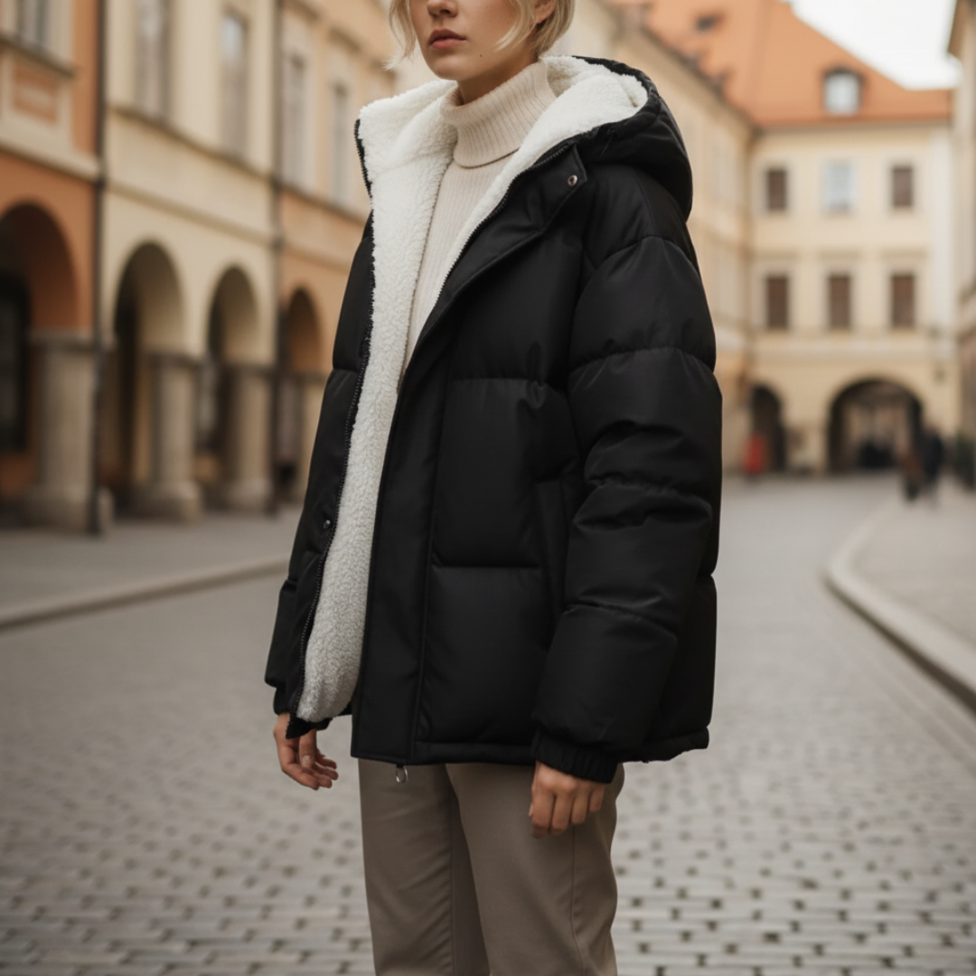 Women's black waterproof puffer jacket with faux fur trim hood, windproof insulated outdoor coat