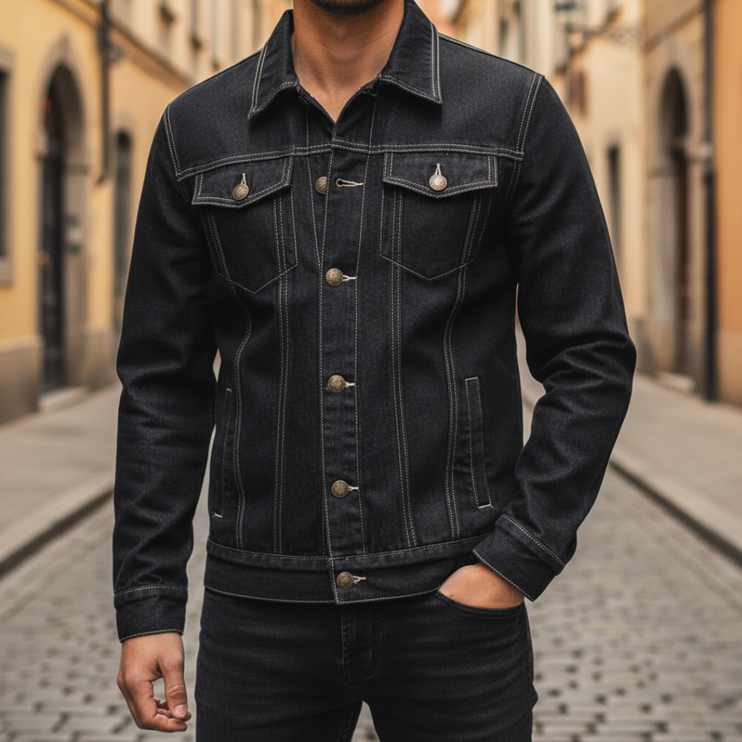Men's black denim jacket modern fit classic 5-button front design versatile everyday wear