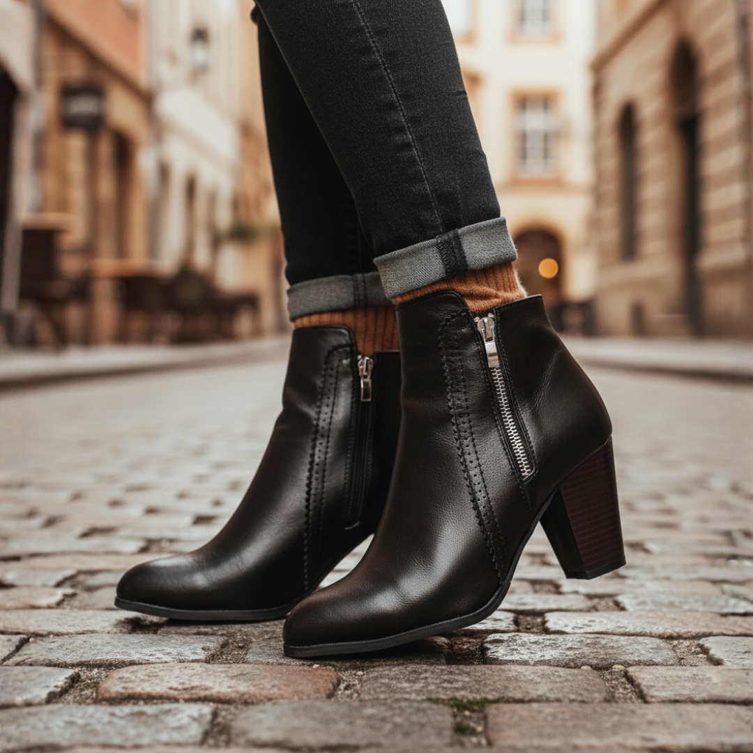 Women's synthetic leather ankle boots with heel and side zipper, versatile work-to-casual style
