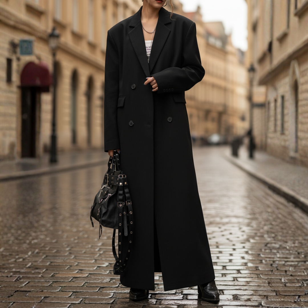 Women's black double-breasted long winter coat, elegant tailored silhouette with full-coverage warmth