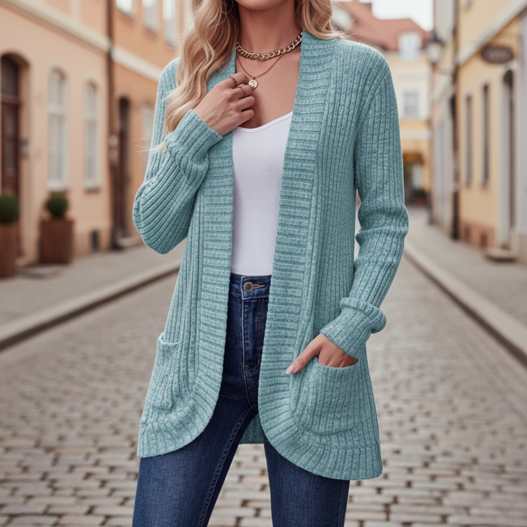 Women's soft knit cardigan with pockets in versatile everyday style, available in six colors