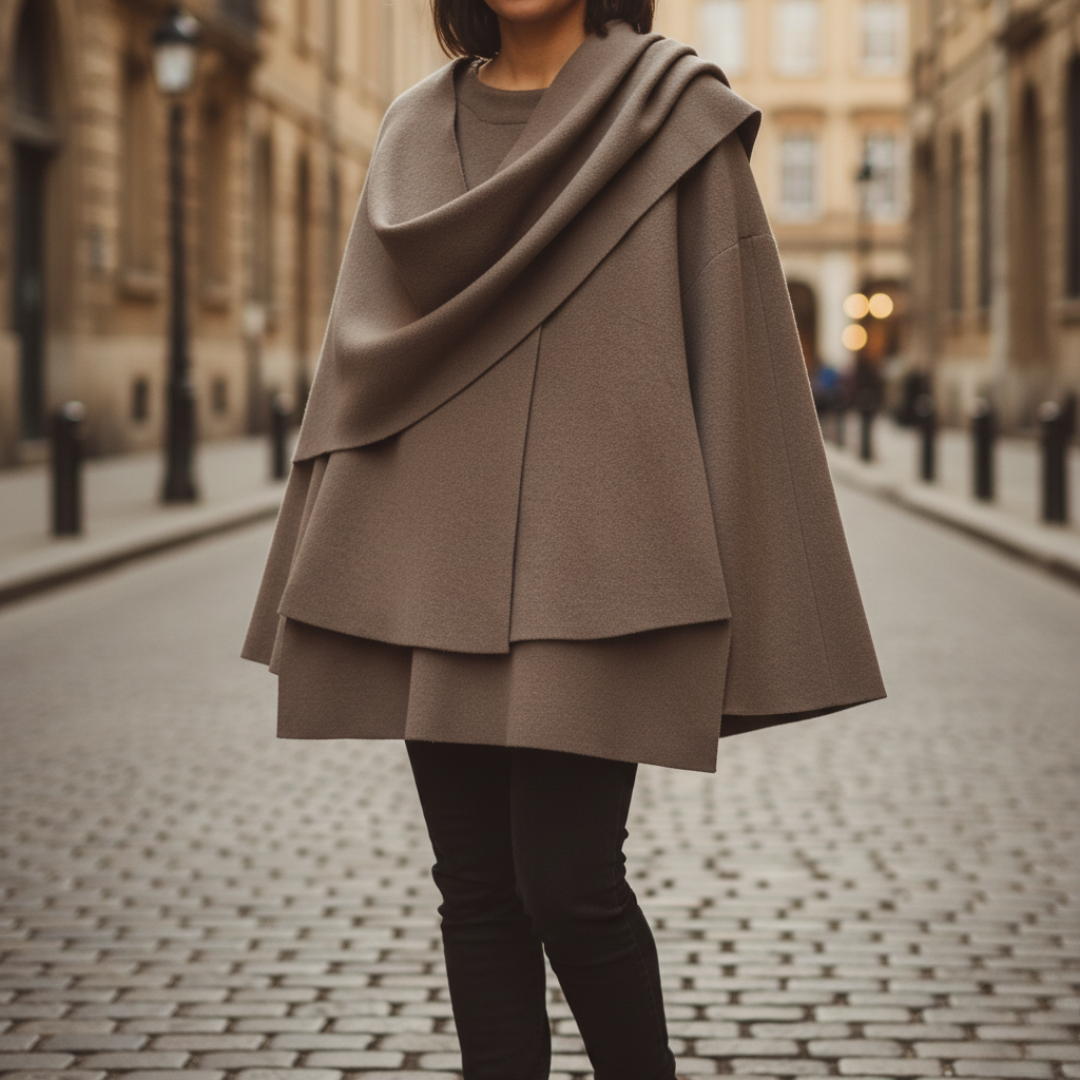 Women's short wool cashmere jacket with integrated scarf collar, cozy versatile layer