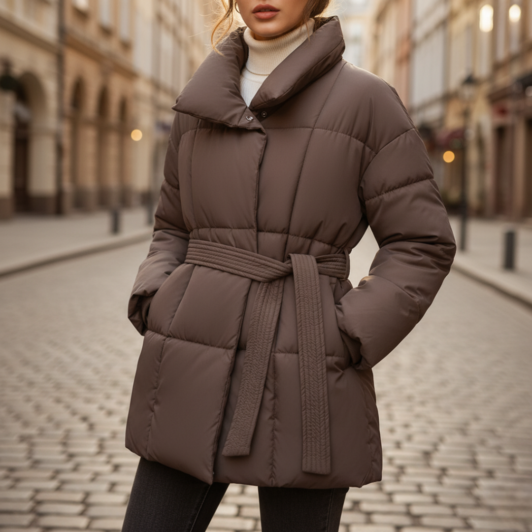 Women's belted winter jacket white black brown hooded soft-lined elegant everyday wear