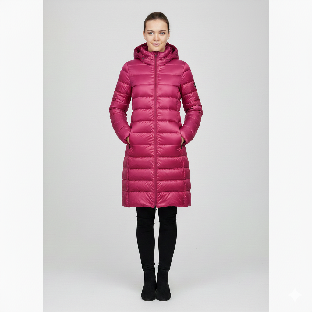 Women's slim fit lightweight puffer down jacket with detachable hood, mid-length winter warmth