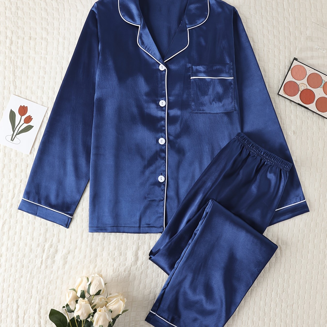 Women's long sleeve button-up pajama set, relaxed fit coordinated top and pants nightwear