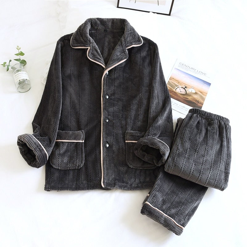 Women's collared button-front pajama set in cozy winter sleepwear with classic relaxed-fit silhouette