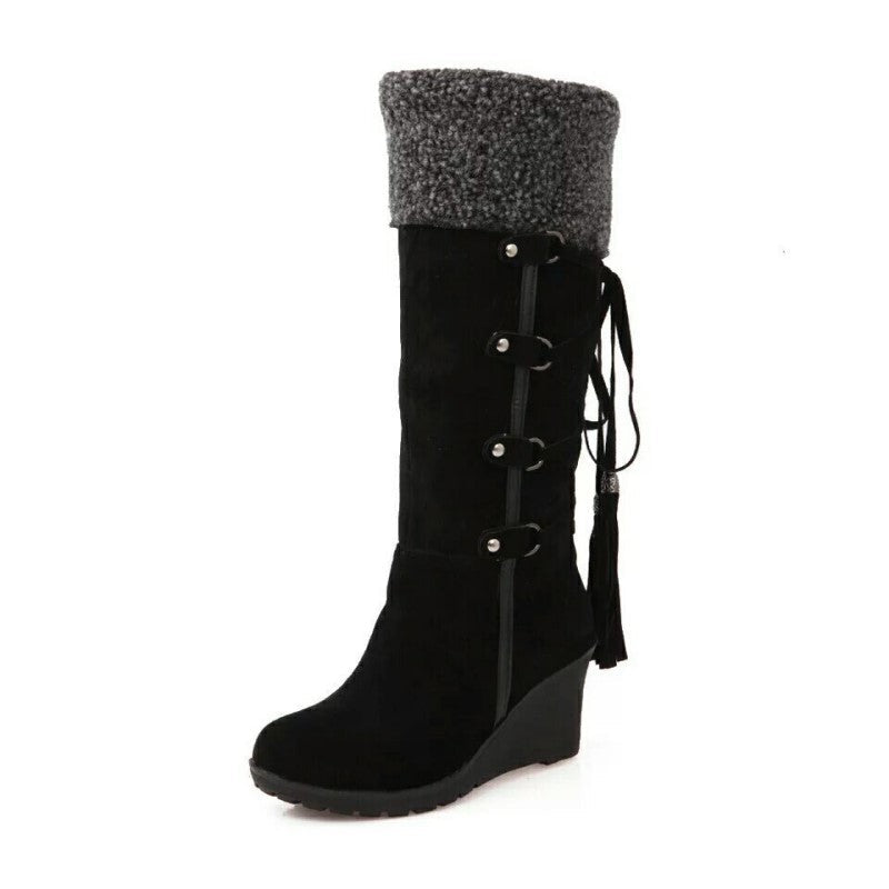 Women's knee-high wedge winter boots with faux fur cuff, tall shaft silhouette for elegant cold-weather style