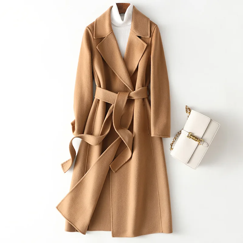Women's long wool coat open front belted waist elegant chic timeless silhouette