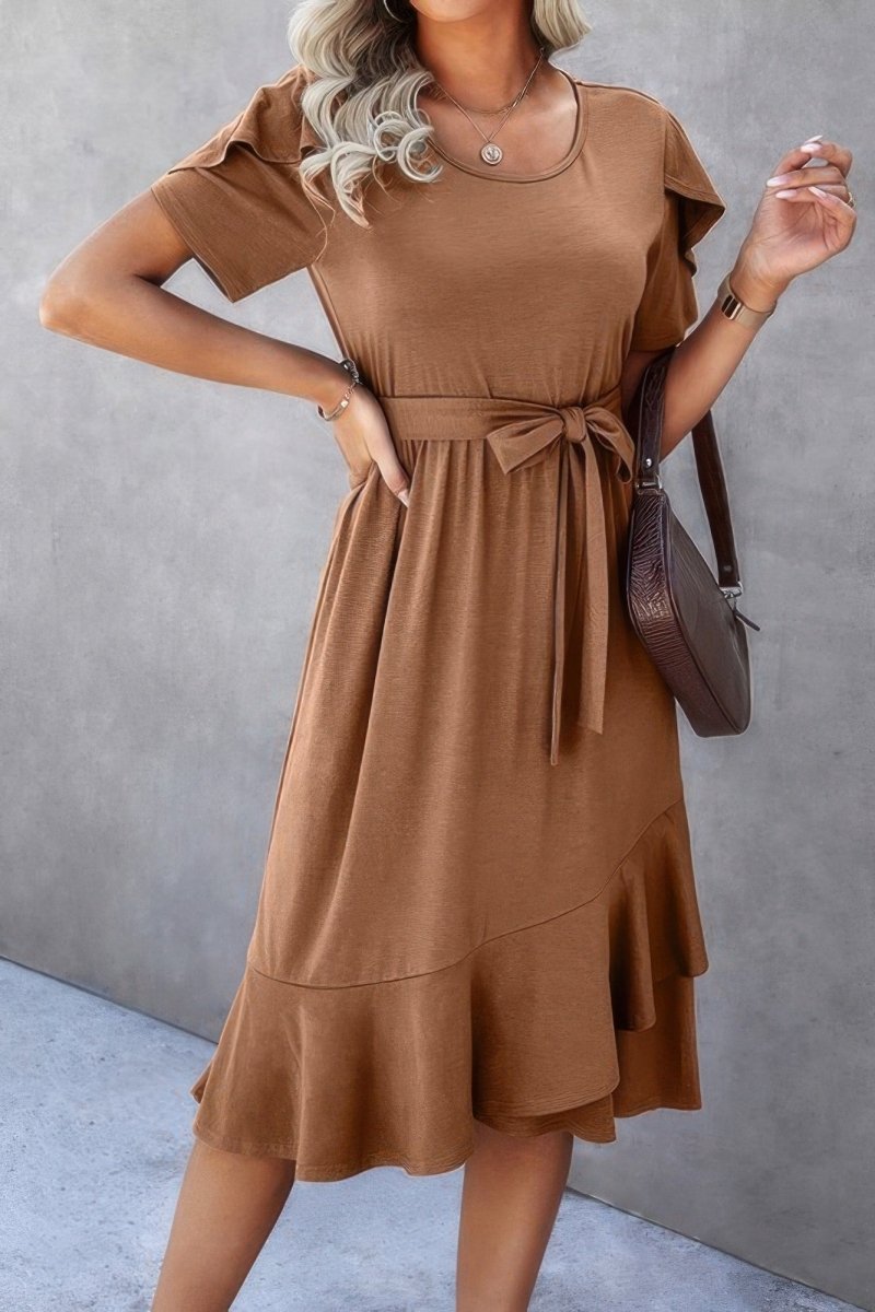 Women's olive green scoop neck midi dress short sleeves adjustable waist tie everyday chic