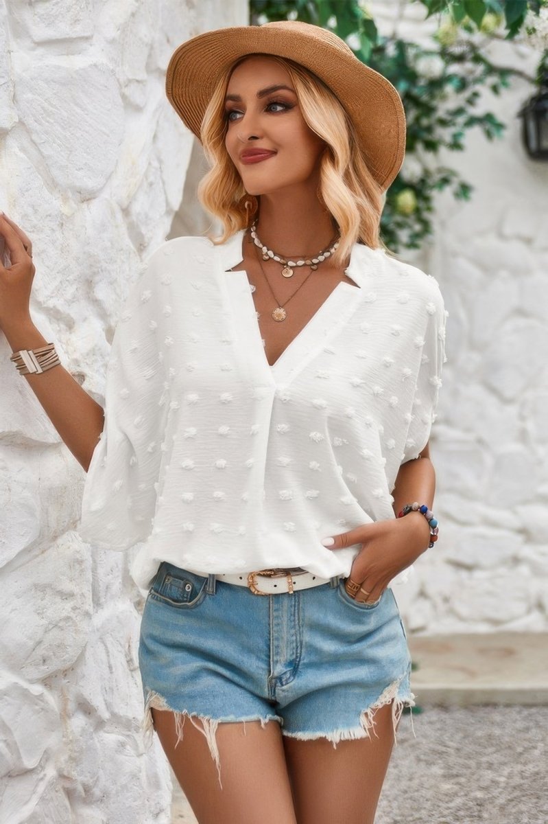 White Swiss dot flutter sleeve blouse women lightweight breathable polyester casual dressy top