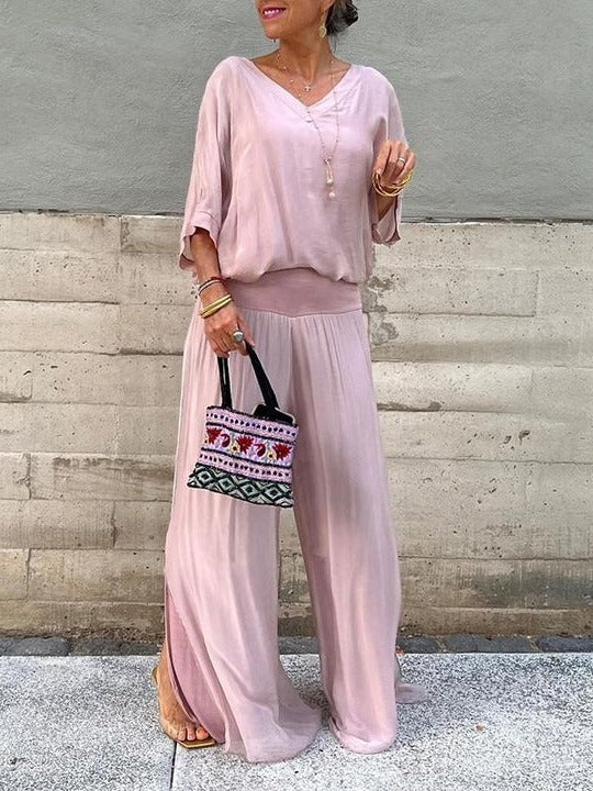 Women's chiffon wide-leg two-piece set in fluid draping silhouette for elegant evening wear