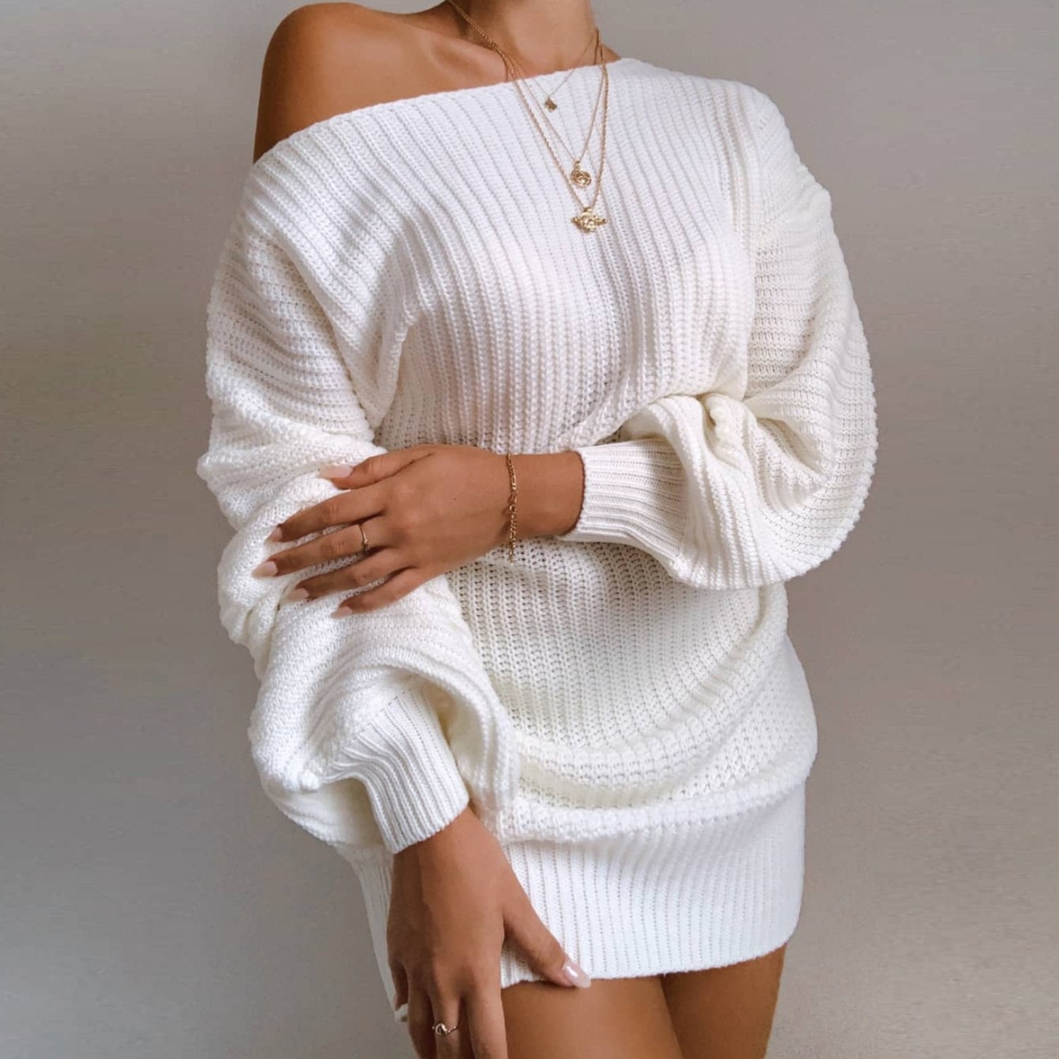 Off Shoulder Sweater Dress For Women Cozy Acrylic Knit Effortless Chic