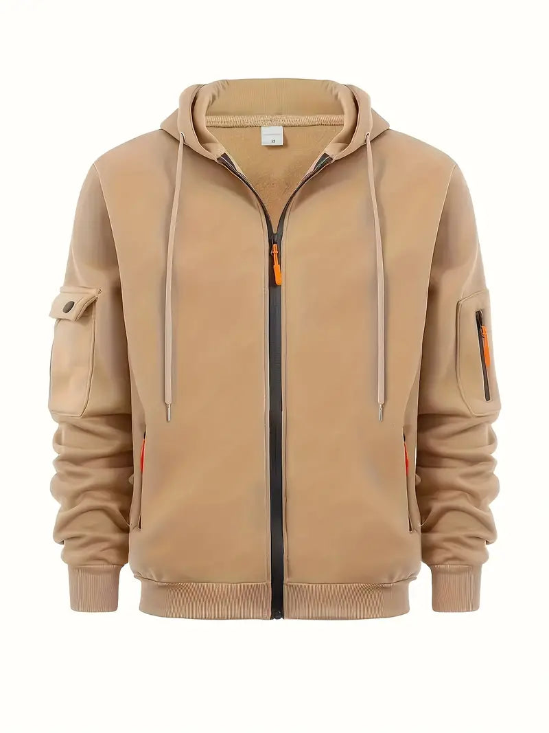 Men's gray zip-up hoodie with multi-pocket design, clean contemporary cut for casual everyday wear