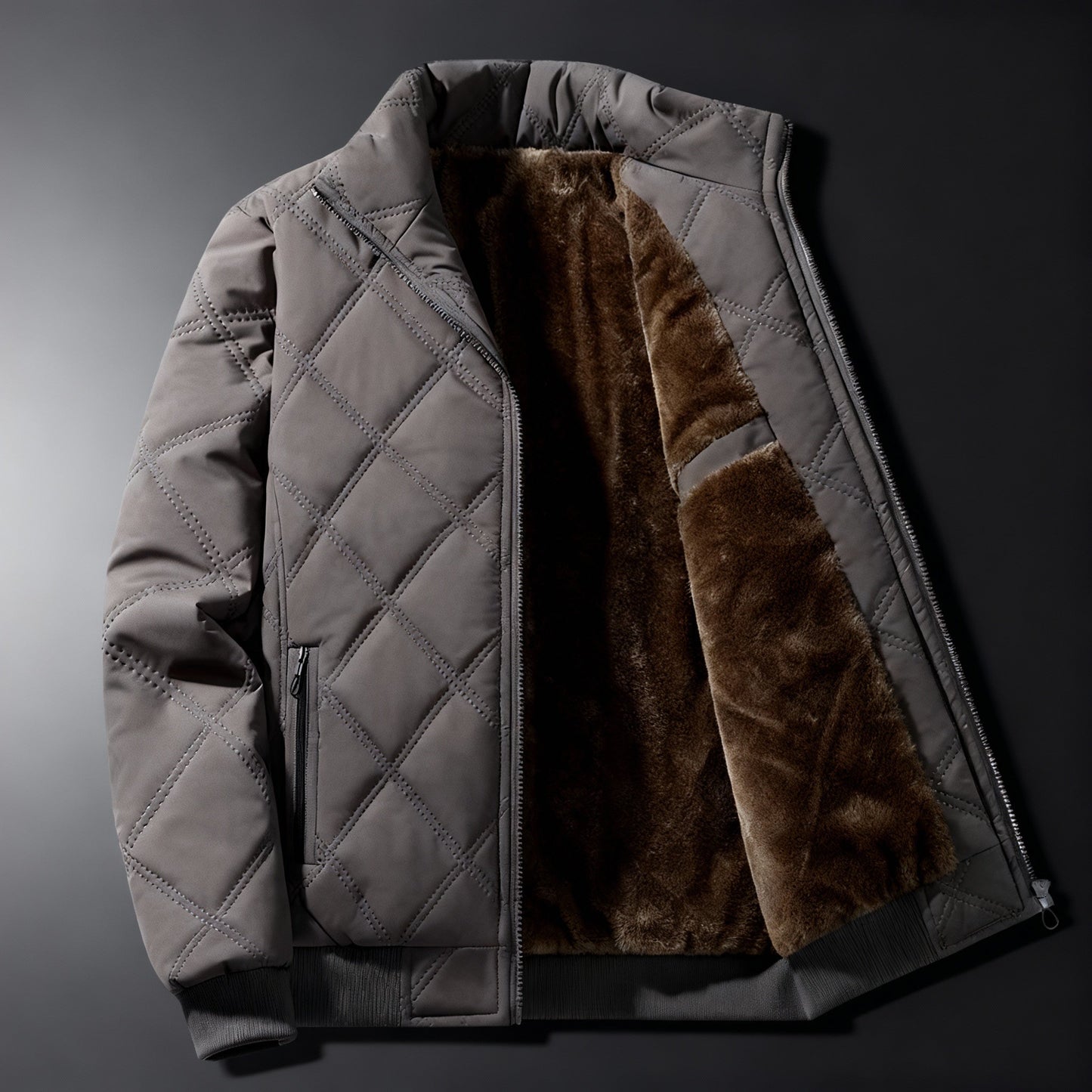 Men's olive quilted bomber jacket with stand collar, full-zip fleece cozy hip-length casual fit