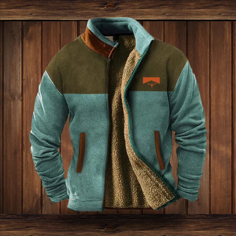 Men's tribal winter coat with bold heritage pattern sleeves, cozy urban explorer outerwear for cold weather