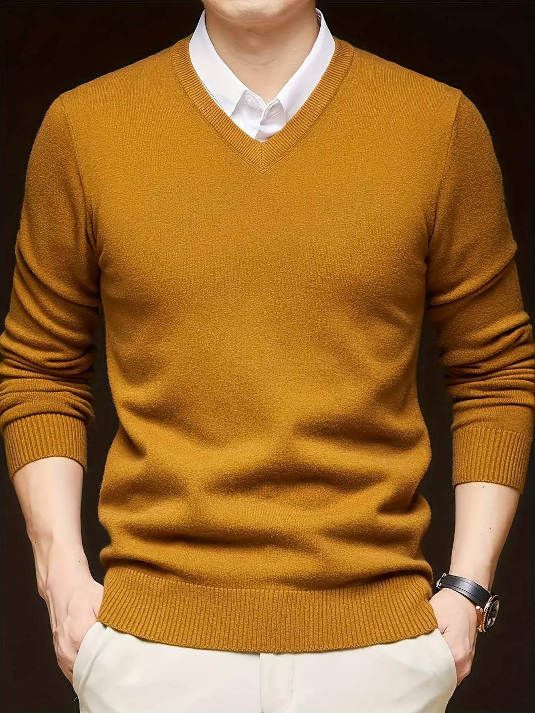 Men's classic V-neck knit sweater versatile slim cut ideal for office layering and casual winter wear