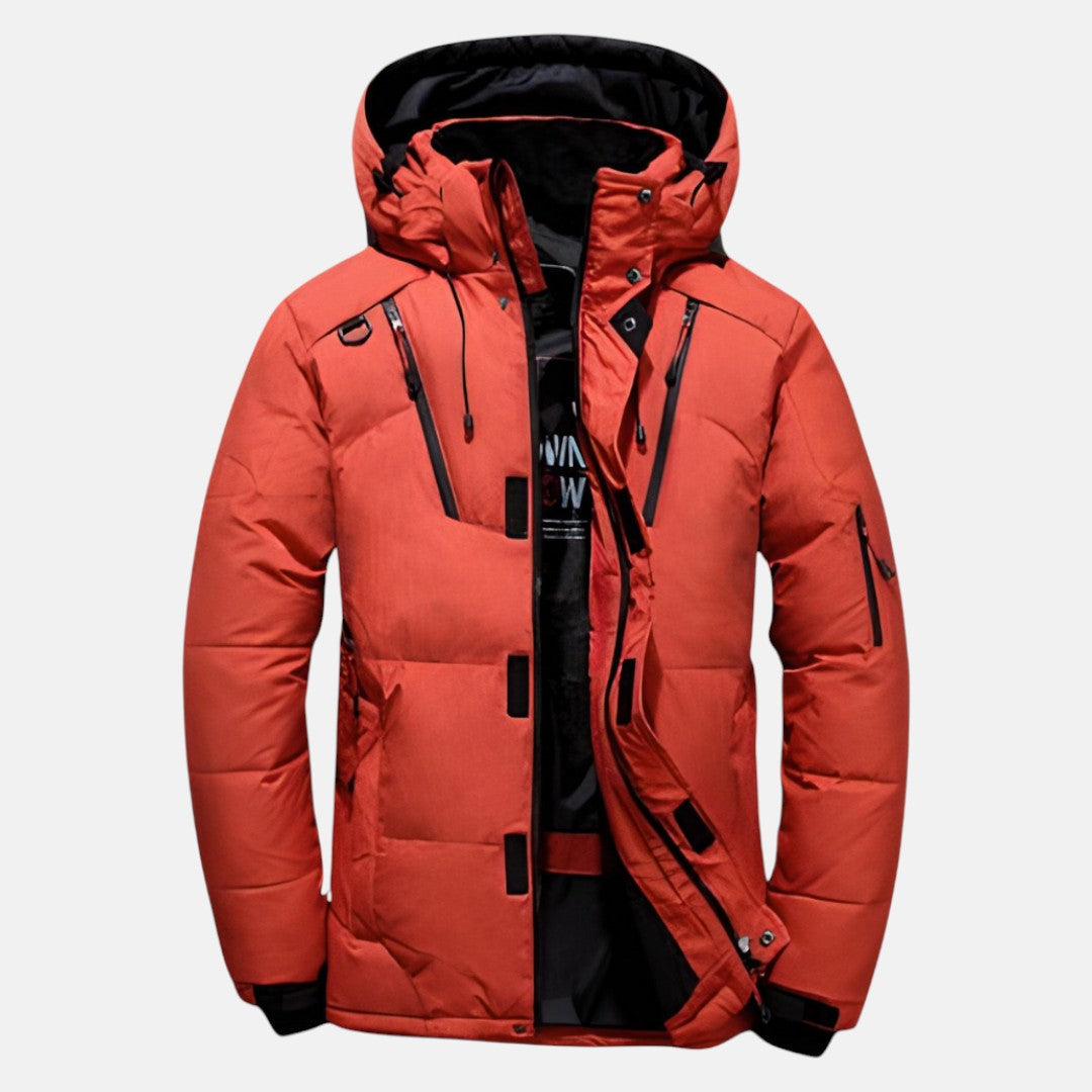 Men's navy padded winter parka regular fit hooded hip-length coat with zipper pockets
