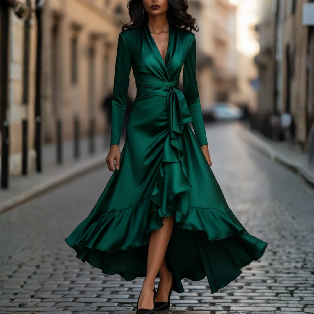 Elegant long women's evening dress with ruffles, V-neckline, flowing polyester in black or burgundy