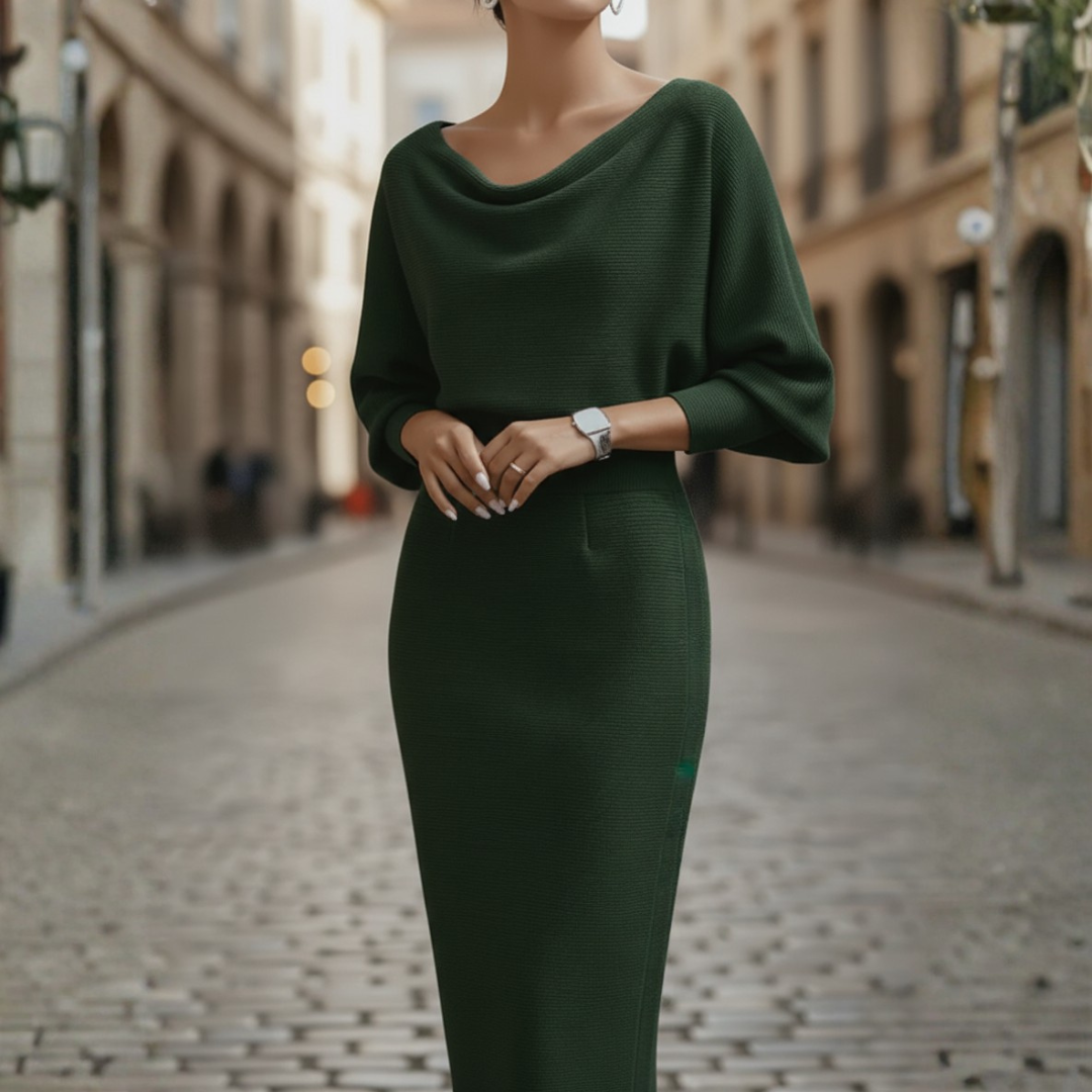 Women's wide neck elegant dress in soft fabric, versatile silhouette for work and formal occasions