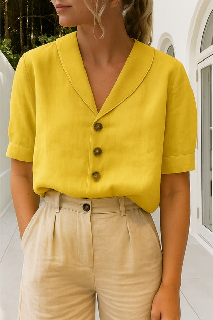 Women's solid soft tee with envelope neckline, button accents, relaxed casual cut for everyday wear