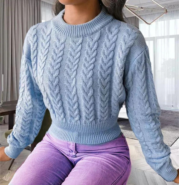 Women's cable knit sweater wool-like texture ribbed round neck regular fit cozy classic pullover