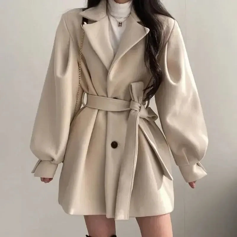 Women's wool blend belted mid-length trench coat with wide lapels, elegant chic outerwear for transitional seasons