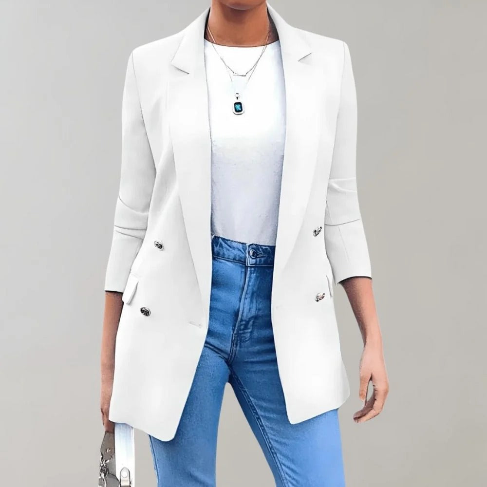 Women's tailored double-breasted blazer classic lapel mid-length silhouette polished professional style