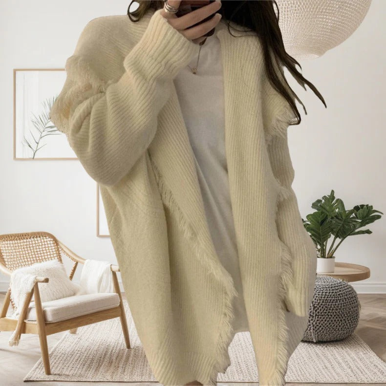 Women's oversized open-front knit cardigan with raw edges and long sleeves, cozy relaxed fit