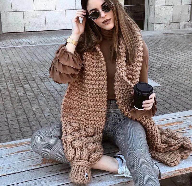 Women's oversized cable knit wool scarf warm cozy winter style heavy texture premium