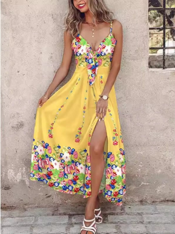 Floral print maxi dress women airy A-line fit spaghetti straps V-neck slit warm-weather style