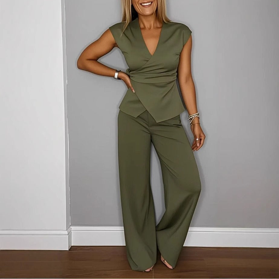 Women's two-piece sleeveless V-neck wrap top and high-waisted wide-leg pants chic versatile set