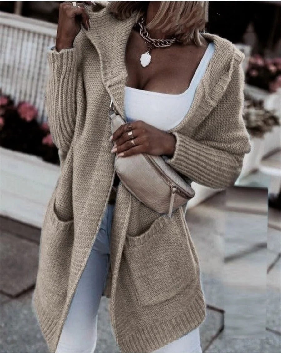 Women's oversized hooded knit cardigan cozy wool-look with pockets casual chic winter layer