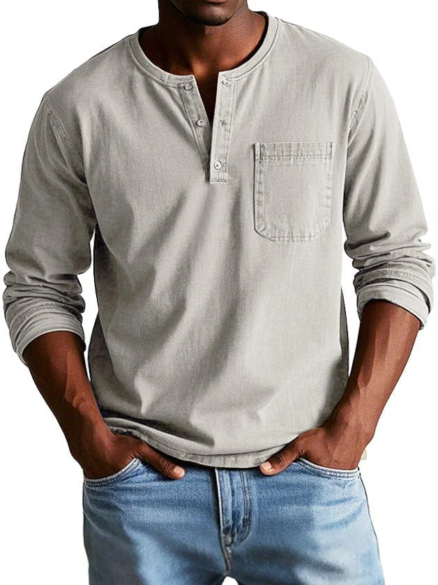 Men's classic fit long sleeve button-front shirt in neutral tone with chest pocket, soft cotton feel