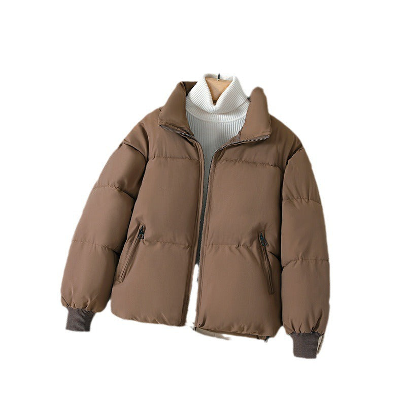 Women's woven oversized hip-length jacket with stand-up collar, relaxed fit for effortless layering