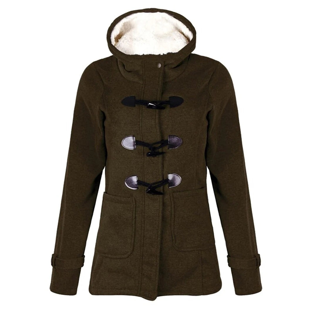 Women's tailored long coat hooded lined with button closure and pockets, sleek elegant fit