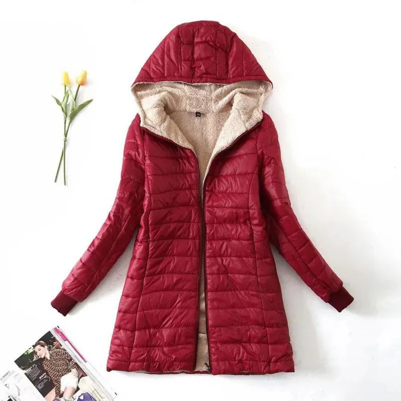 Women's quilted hooded jacket fleece-lined water resistant warm outerwear transitional style
