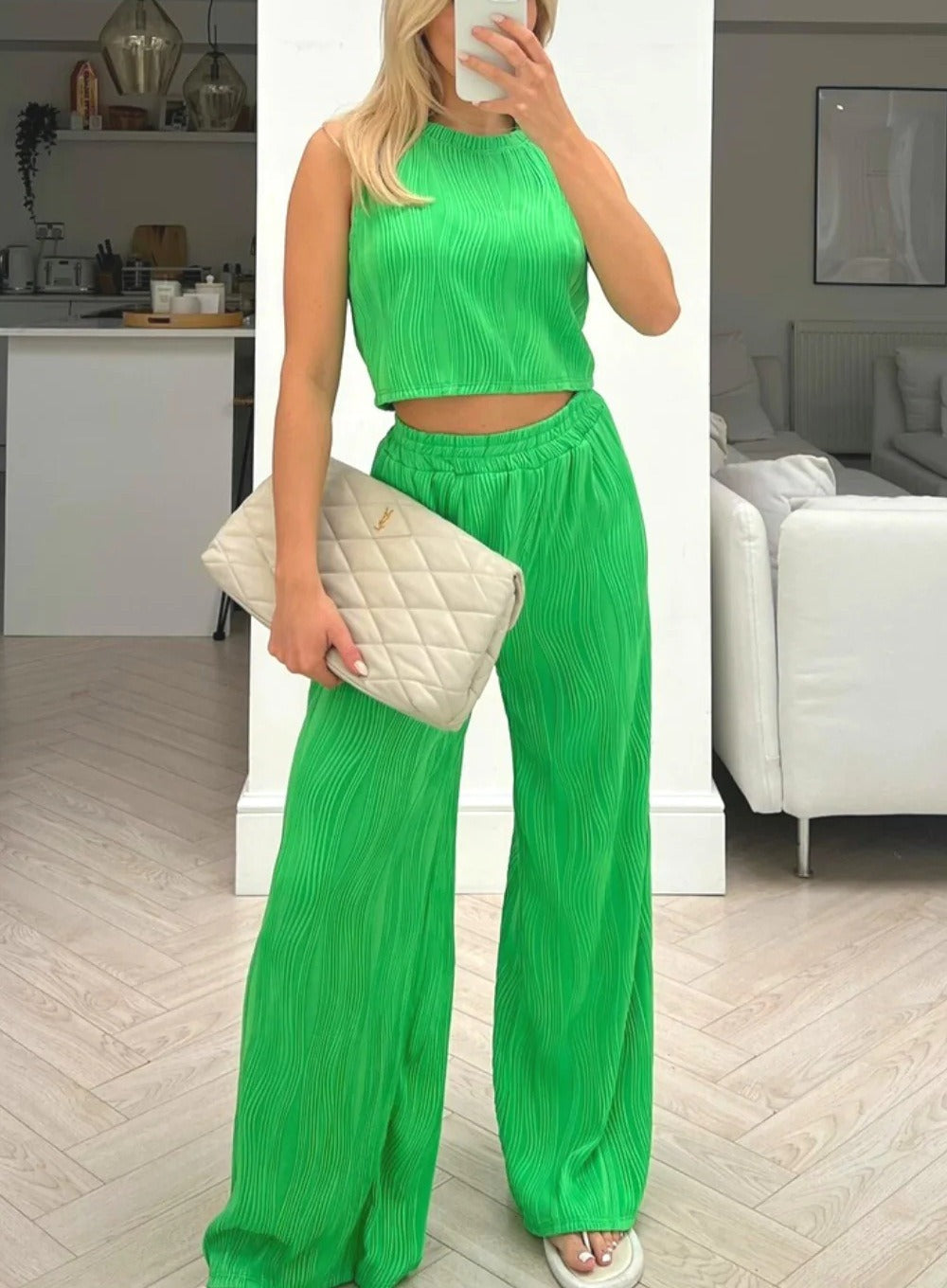 Women's ribbed two-piece set sleeveless crop top high-waisted wide pants casual coordinated outfit