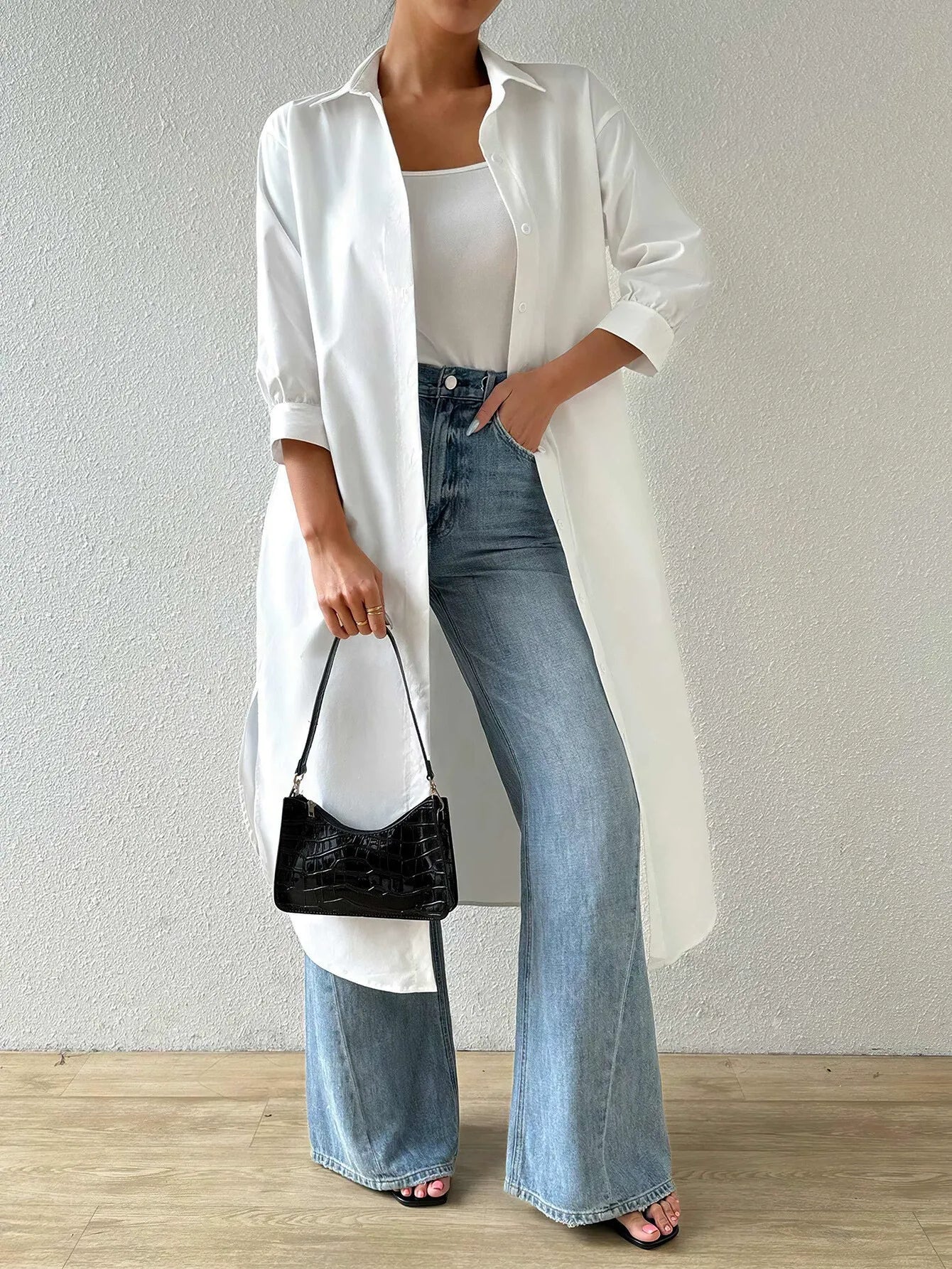 Women's long-fit open-front light knit cardigan with 3/4 sleeves relaxed silhouette everyday style