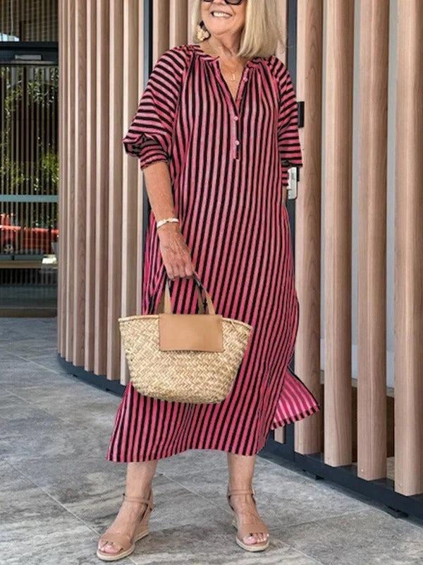 Women's lightweight cotton midi dress, V-neck striped loose fit, breathable summer comfort