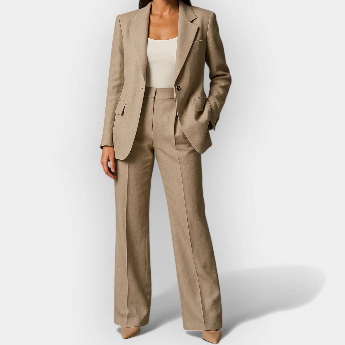 Women's navy blue tailored 2-piece pant suit with single-button blazer for professional wear