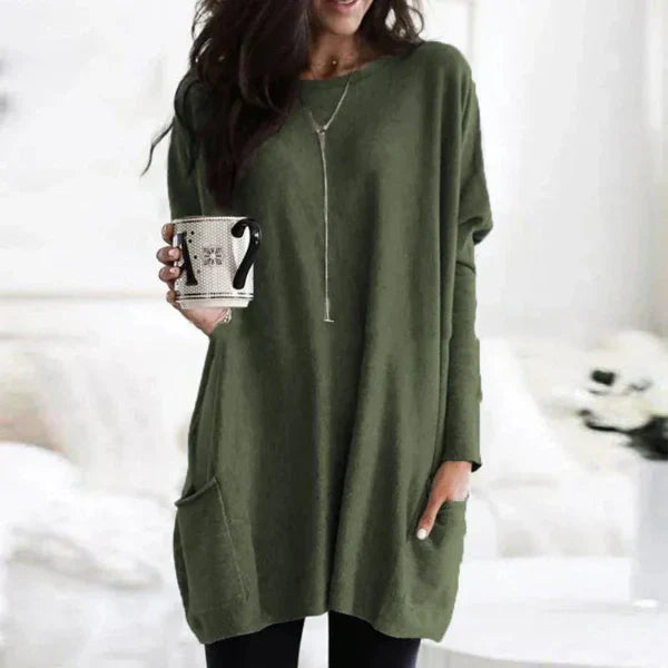 Women's oversized soft knit tunic pullover with dropped shoulders and convenient side pockets