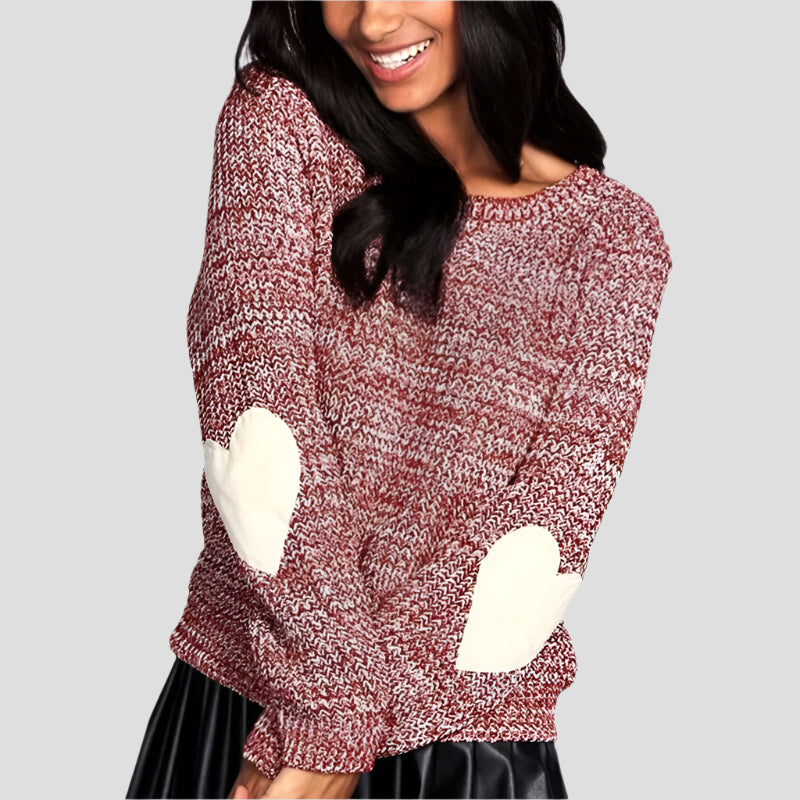 Women's chunky knit sweater relaxed fit drop shoulder with heart elbow detail, casual cozy style
