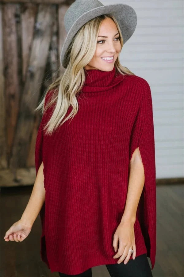 Women's oversized knit poncho high turtleneck wide sleeves cozy warm everyday layering