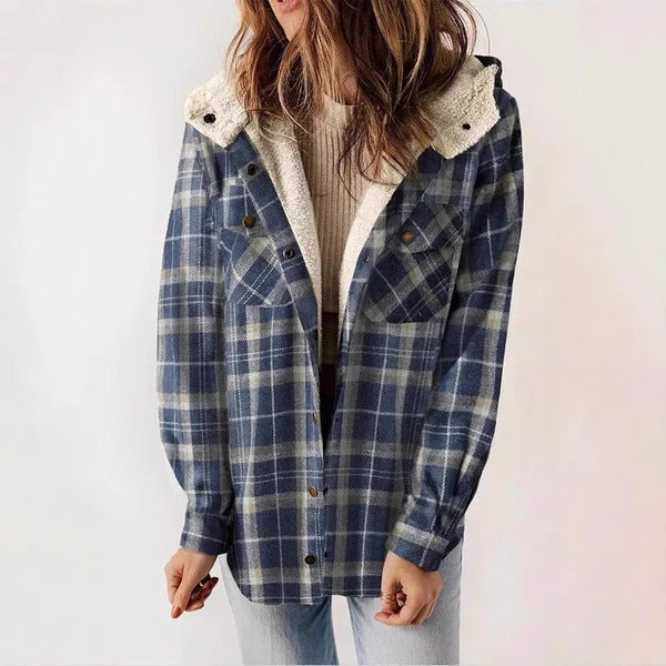 Women's checkered fleece lined hooded shirt relaxed fit button closure for cozy autumn warmth
